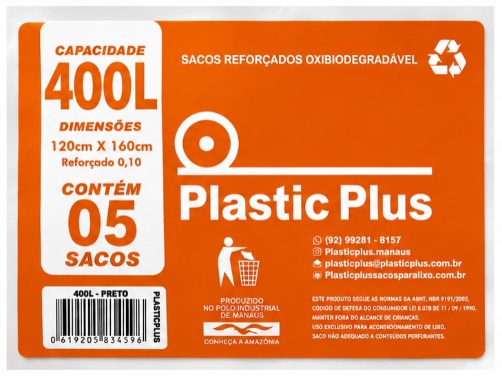 SACOS P/ LIXO 400L, FARDO COM 100  UNIDADES. 20 PCTs COM 05 SACOS
